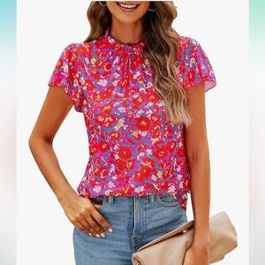 Simple Pink and Blue Ruffled Blouse with Mandarin Collar